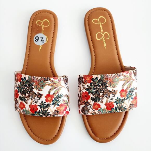 Jessica Simpson Tropical Jungle Tiger Print Beige & Tan Sandals Flats Size 9.5 - Picture 1 of 7